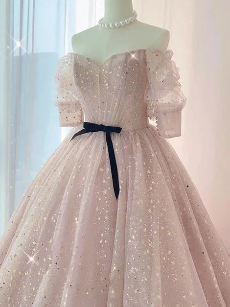omberprom Sweetheart-Neck Tulle Half-Sleeve Prom Dresses Party Dress Off Shoulder Sparkly Wholesale