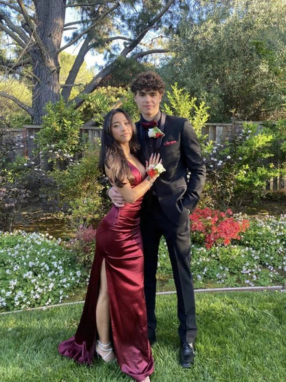 Wine Red Sexy V Neck Satin Mermaid Formal Prom Dress Sexy Party Dress Wholesale