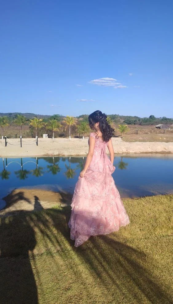 omberprom Sweet Pink Strapls Lace Tiered Long Prom Dress Evening Gown Charming Wholesale