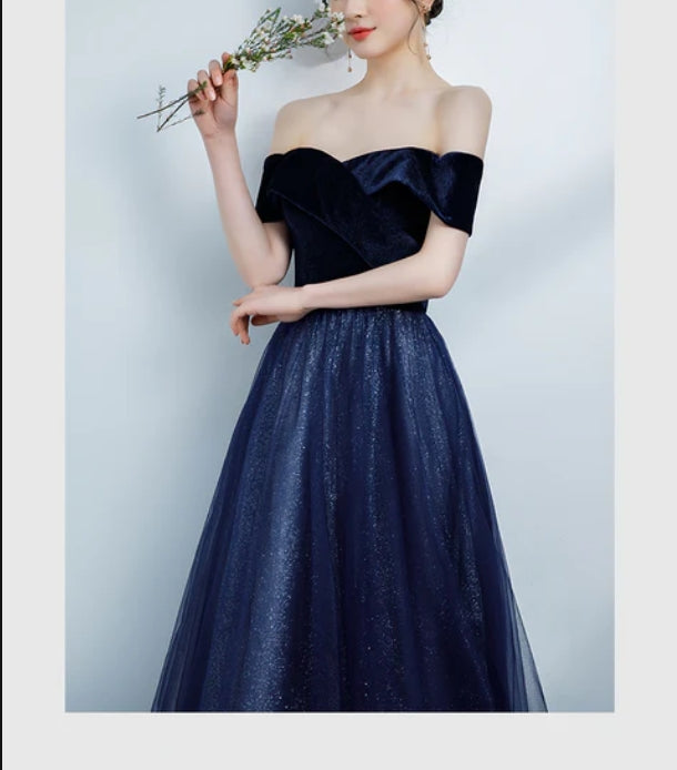 omberprom A Line Off Shoulder Velvet Sweetheart Party Dress Shiny Tulle Long Prom Dress Party Dress Sparkly Evening Dress Wholesale