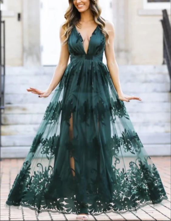 omberprom Spaghetti Straps Lace A-line Prom Dresses With Slit V-neck Sexy Evening Dress Formal Dress Wholesale