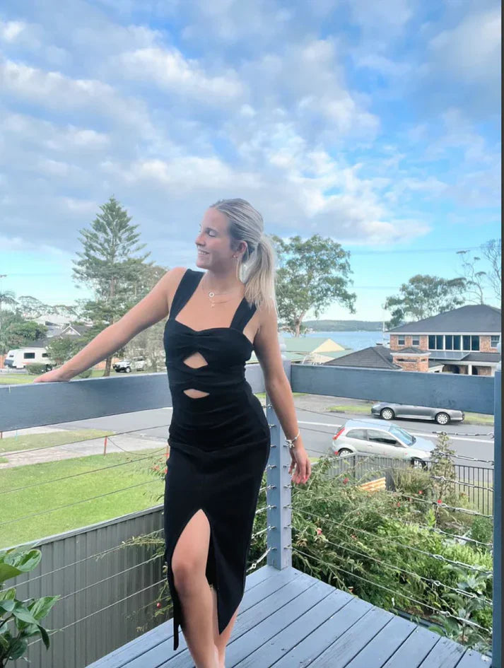 Classy Black Straps Cut Out Evening Party Dress Cocktail Dress Formal Dress With Slit Wholesale