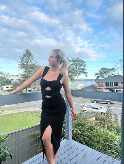 Classy Black Straps Cut Out Evening Party Dress Cocktail Dress Formal Dress With Slit Wholesale