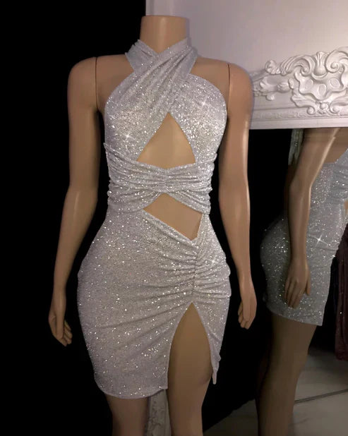 omberprom Shiny Halter Cut Out Bodycon Short Party Dress Sexy Homecoming Dress Graduation Dress