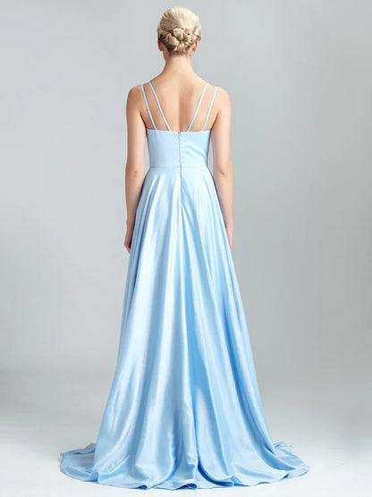 Simple Satin A-line Prom Dresses With Slit Long Evening Gowns Party Dress Formal Dress Wholesale