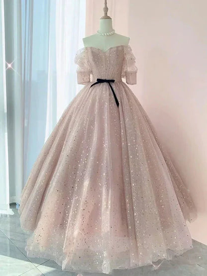 omberprom Sweetheart-Neck Tulle Half-Sleeve Prom Dresses Party Dress Off Shoulder Sparkly Wholesale