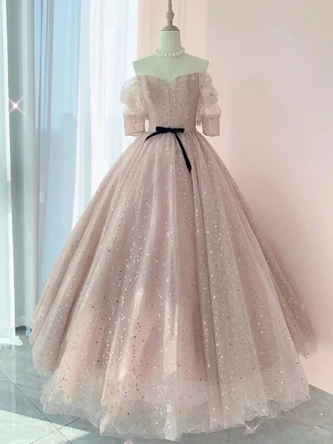omberprom Sweetheart-Neck Tulle Half-Sleeve Prom Dresses Party Dress Off Shoulder Sparkly Wholesale
