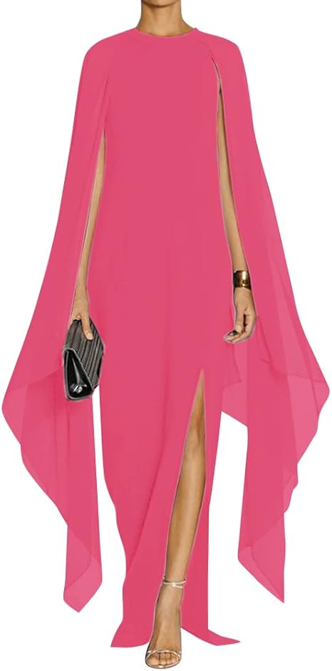 omberprom Women's Elegant Flare Sleeve Formal Evening Gowns Maxi Dress Simple Party Dress With Slit