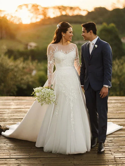 Illusion Rustic Lace Long Sleeves Tulle Wedding Dress With Detachable Satin Wedding Gown Elegant Wholesale