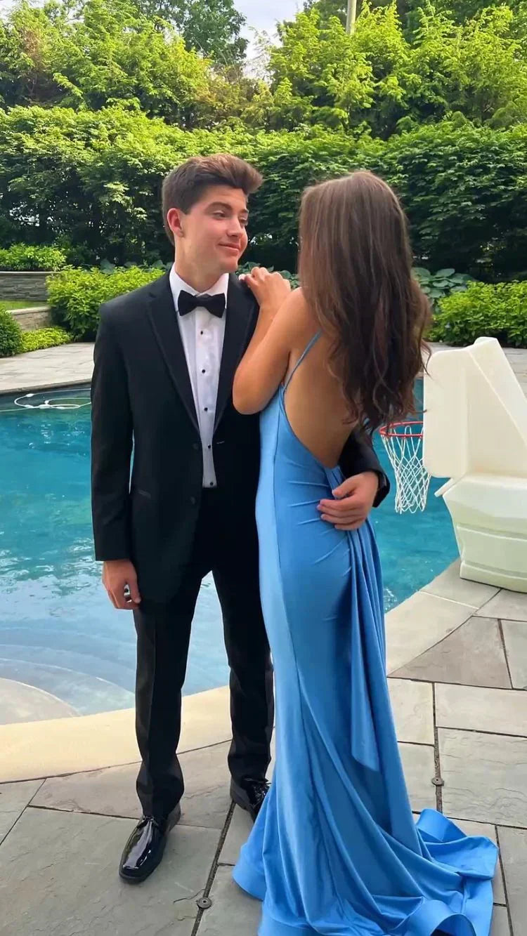 Blue Straps Open Back Mermaid Evening Dress Prom Dresses Charming Party Dress Wholesale
