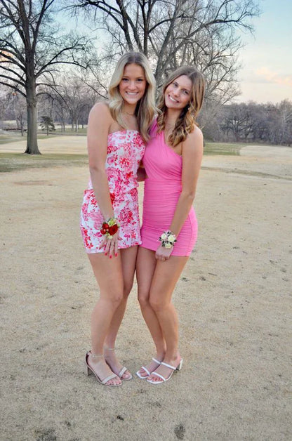 omberprom Floral Printed Sheath Strapless Short Party Dress Homecoming Dress Charming Graduation Dress