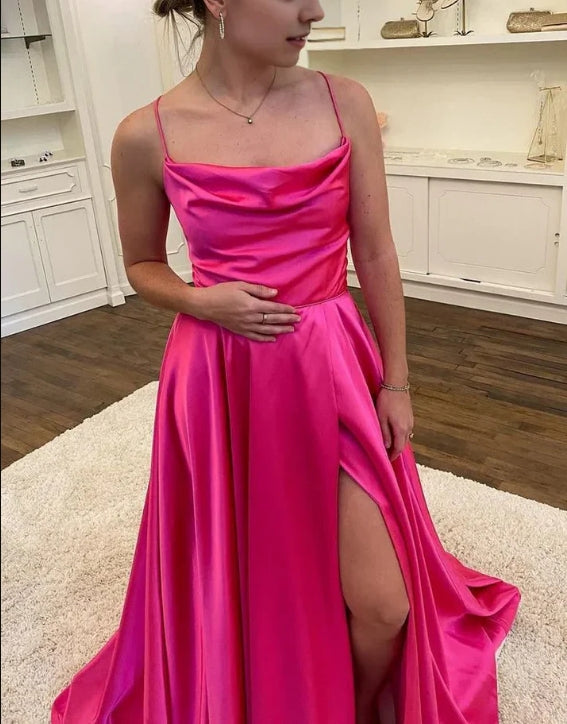 Fuchsia Scoop Neck Satin A-Line Long Party Dress with Slit Simple Evening Dress Wholesale