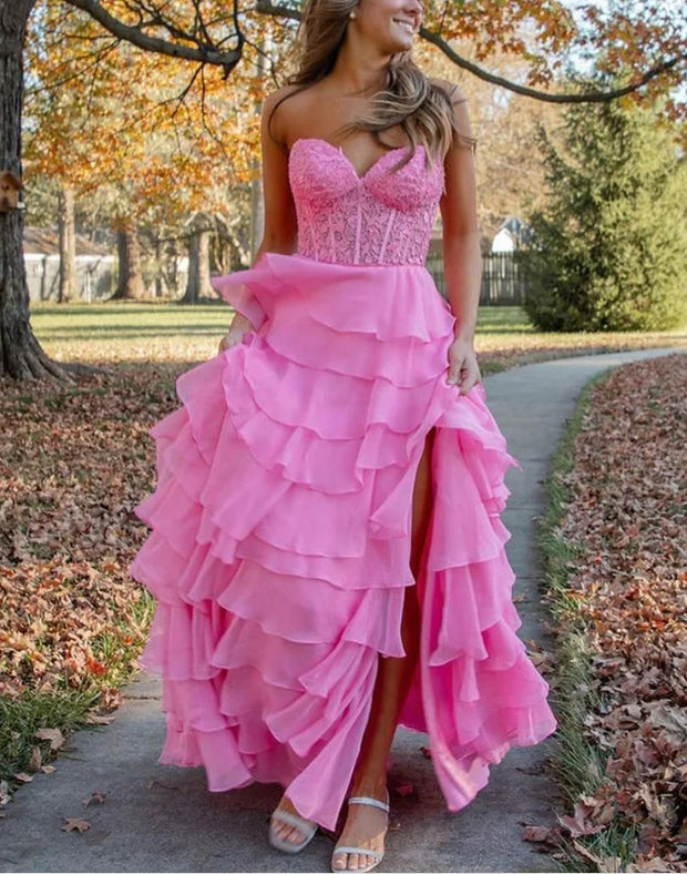 omberprom Hot Pink A-Line Sweetheart Chiffon Tiered Long Prom Dresses with Appliques Charming Wholesale