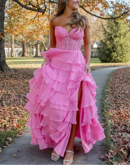 omberprom Hot Pink A-Line Sweetheart Chiffon Tiered Long Prom Dresses with Appliques Charming Wholesale