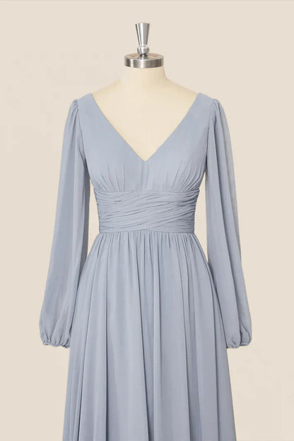 Grey Long Sleeves Chiffon A-Line Long Party Dress Bridesmaid Dress Elegant Evening Dress Wholesale
