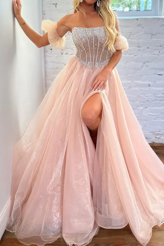 omberprom Charming A-Line Strapless Corset Beaded Long Prom Dress Off Shoulder With Slit