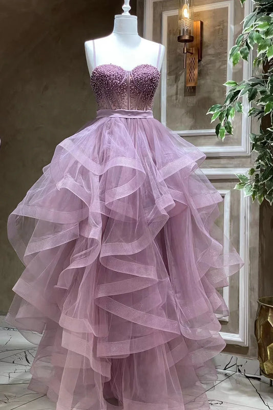 Modern Sweetheart Beadings Evening Dress With Spaghetti Straps And Tulle Prom Dress