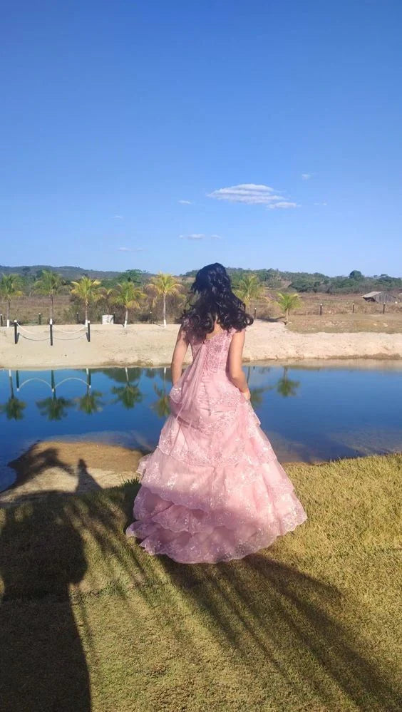 omberprom Sweet Pink Strapls Lace Tiered Long Prom Dress Evening Gown Charming Wholesale