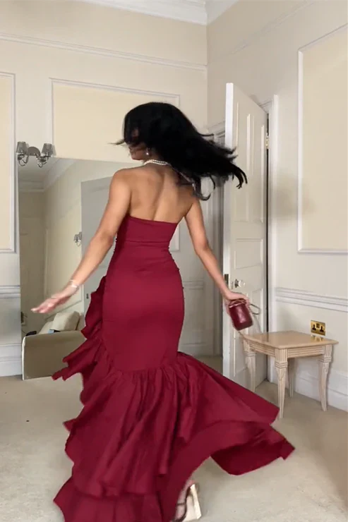 omberprom Charming Mermaid Strapless Cascading Ruffle Long Prom Dress Elegant Evening Party Dress Wholesale