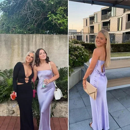 Elegant Lilac Strapless Satin Simple Party Dress Off Shoulder Charming Evening Dress Wholesale