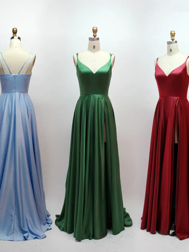 Simple Satin A-line Prom Dresses With Slit Long Evening Gowns Party Dress Formal Dress Wholesale