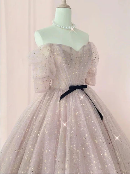 omberprom Sweetheart-Neck Tulle Half-Sleeve Prom Dresses Party Dress Off Shoulder Sparkly Wholesale