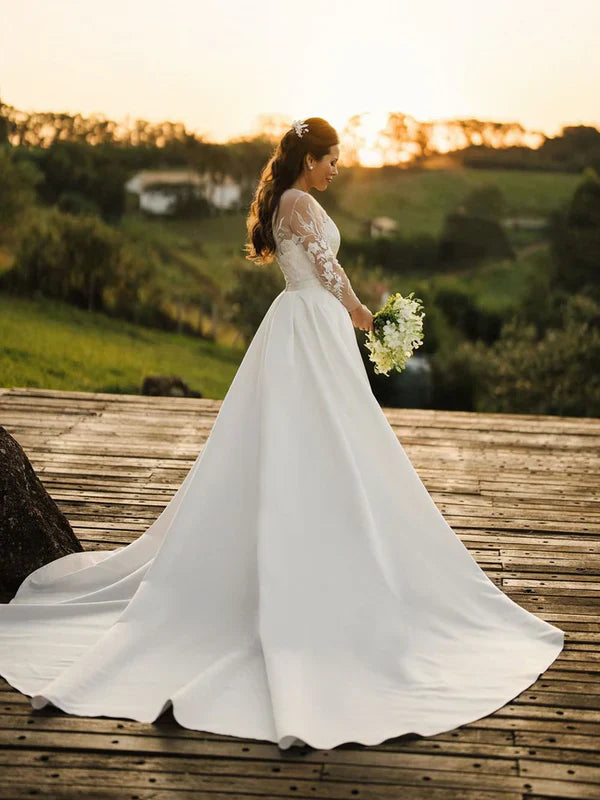 Illusion Rustic Lace Long Sleeves Tulle Wedding Dress With Detachable Satin Wedding Gown Elegant Wholesale