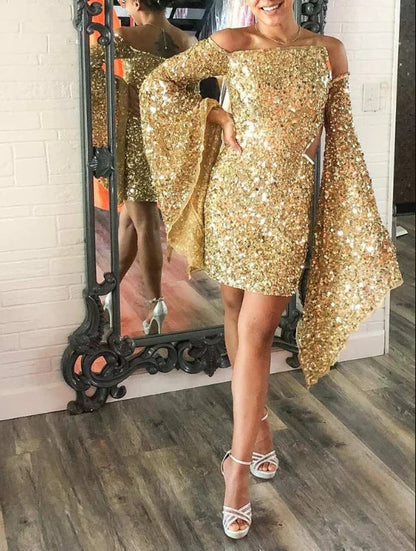 omberprom Sequins Cut Waist Shiny Homecoming Dress Off Shoulder Party Dress Graduation Dress