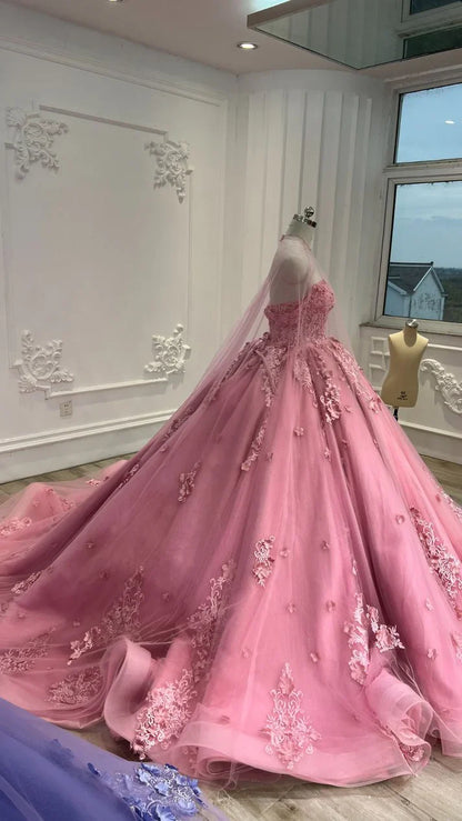 omberprom Sweetheart Tulle Appliques Ball Gowns Quinceanera Dress with Cape Prom Dress Beautiful Wholesale