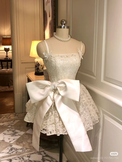 Cute Ivory Lace Mini Homecoming Dress Birthday Dress With Bow Y8796