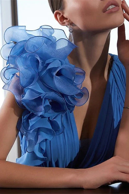 omberprom Blue A Line Chiffon Long Prom Dress Elegant Wedding Party Dress V Neck Evening Dress With Flower