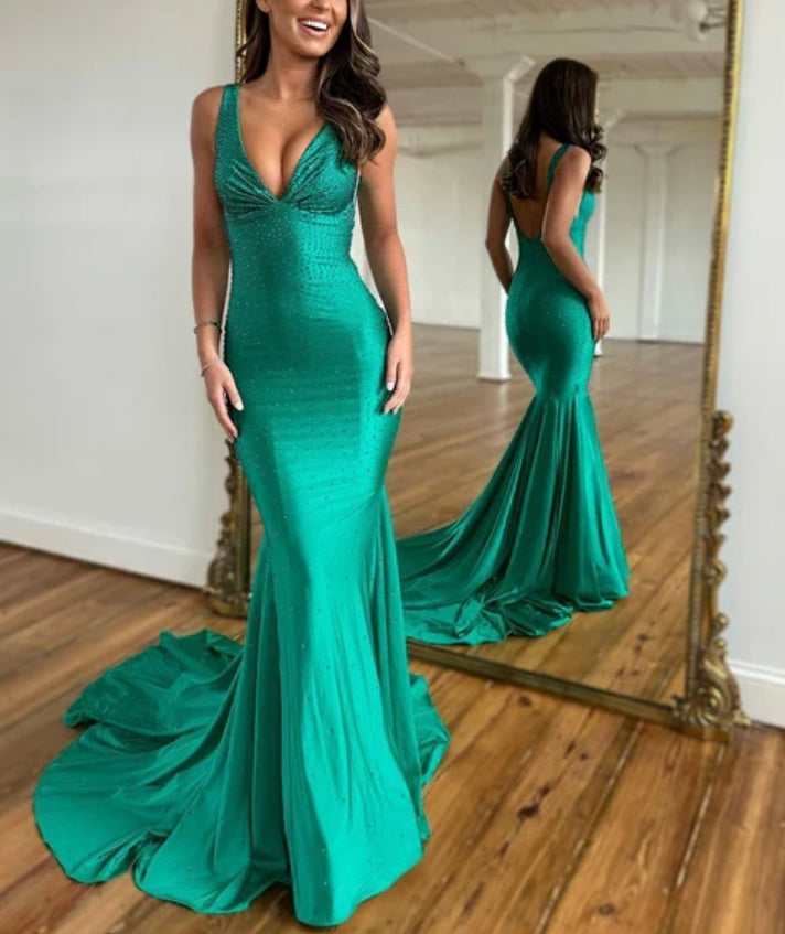 omberprom Green V Neck Backless Beads Mermaid Long Prom Dress Sexy Evening Dress