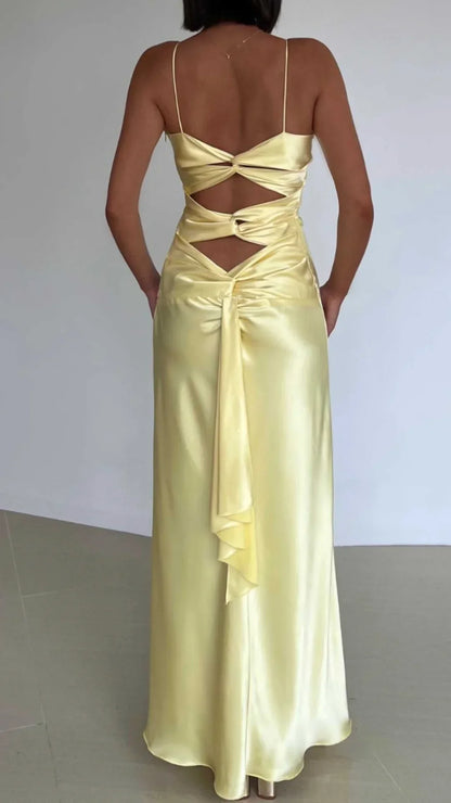 Light Yellow V Neck Straps Long Party Dress Wedding Guest Dress Formal Dress Wholesale