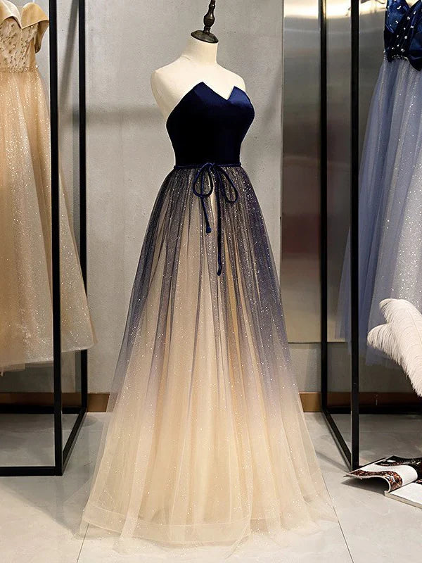 Simple Shining Long Tulle Strapless Neckline A-line Prom Dresses Off Shoulder Charming Wholesale