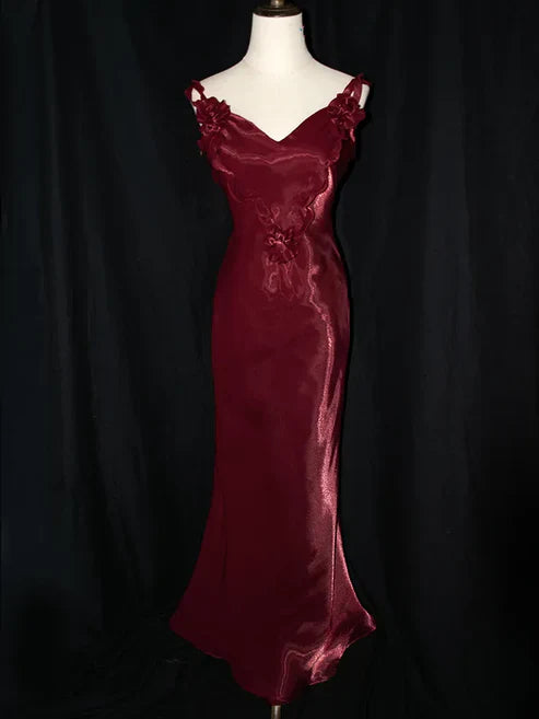 omberprom Dark Red Vintage Floral V-neck Evening Gown Mermaid Long Party Dress With Flowers Wholesale