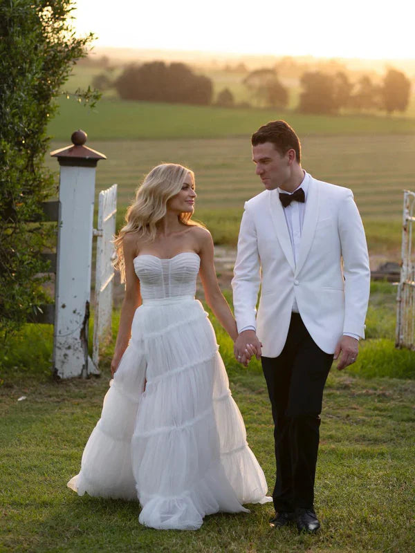 omberprom Elegant Tulle A-line Wedding Dresses Off Shoulder With Slit Simple dress Bridal Gown