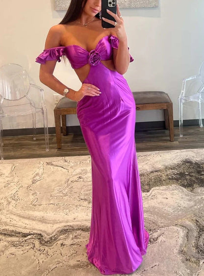 Fuchsia Off Shoulder Ruffle Side Cutouts Long Prom Dress Charming Evening Dress Party Dress Wholesale