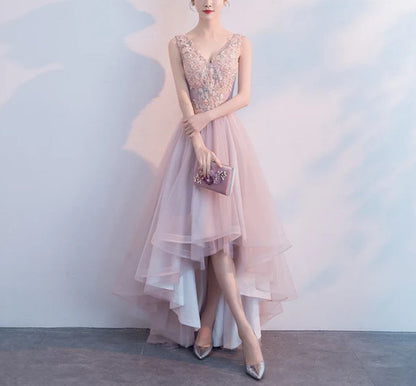 omberprom V-neckline High Low Formal Dress Lace Applique Homecoming Dress Party Dress Elegant Evening Dress Wholesale