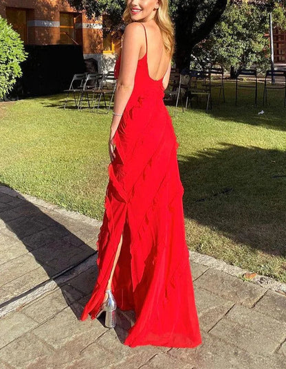 omberprom Charming Spaghetti Straps Ruffle Mermaid Long Party Dress Wedding Guest Dress Evening Dress Formal Dress