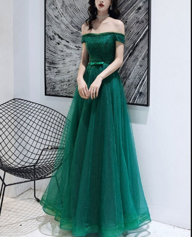 omberprom Green Tulle Beaded Off Shoulder Long Party Dresses A-line Long Evening Dress Prom Dress Wholesale