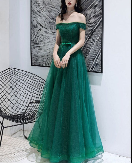 omberprom Green Tulle Beaded Off Shoulder Long Party Dresses A-line Long Evening Dress Prom Dress Wholesale