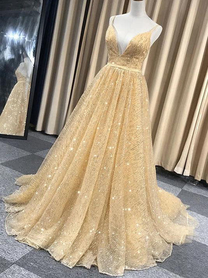 Sparkly Spaghetti Straps Sweep Train Lace A-line Long Prom Dresses V-neck Sexy Evening Dress Wholesale