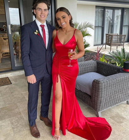 Aimishagn Red Spaghetti Straps Evening Dress With Slit V-neck Sexy Party Dress Formal Dress Wholesale