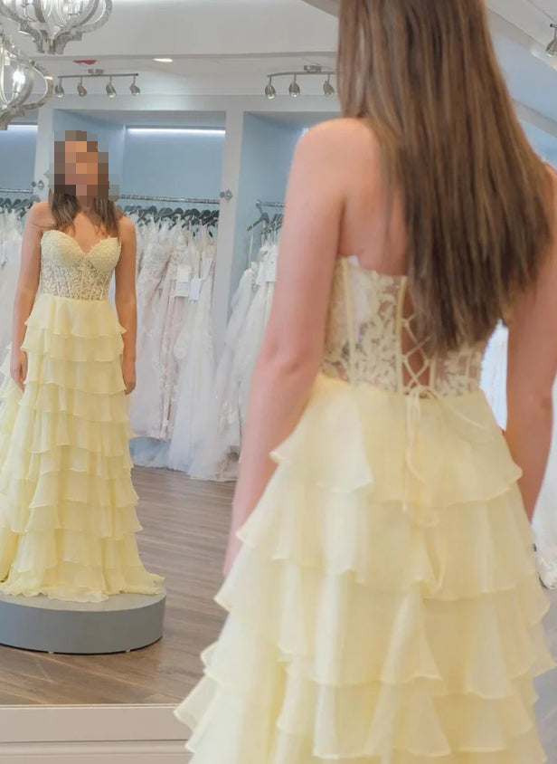 omberprom Hot Pink A-Line Sweetheart Chiffon Tiered Long Prom Dresses with Appliques Charming Wholesale