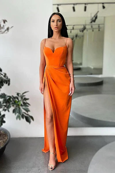 Simple Long Mermaid Spaghetti Straps Satin Prom Dress with Slit Sexy Party Dress Wholesale