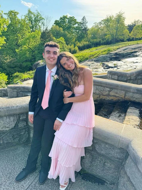 Pink Strapless A-Line Tiered Long Prom Dress Evening Party Dress Off Shoulder Formal Dress Wholesale