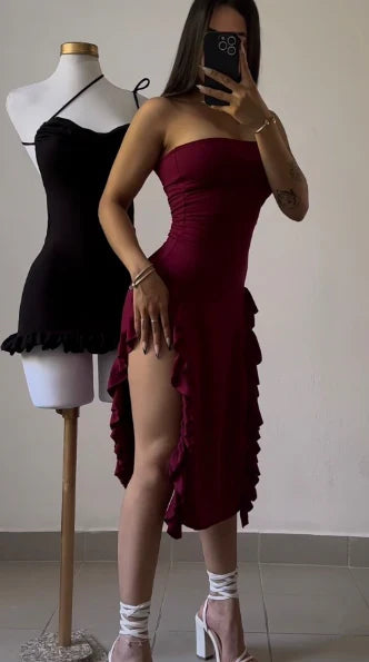Burgundy Strapless Sheath Midi Length Ruffle Sexy Evening Dress Off Shoulder Party Dress Wholesale
