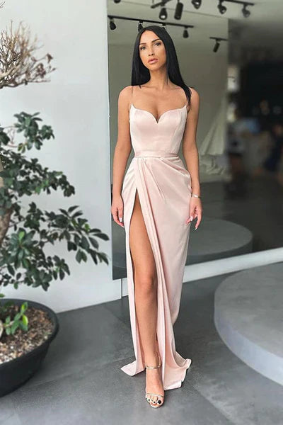Simple Long Mermaid Spaghetti Straps Satin Prom Dress with Slit Sexy Party Dress Wholesale