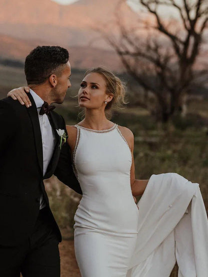 Elegant Mermaid Back-V Sleeveless Chapel Train Satin Appliqued Wedding Dresses Charming
