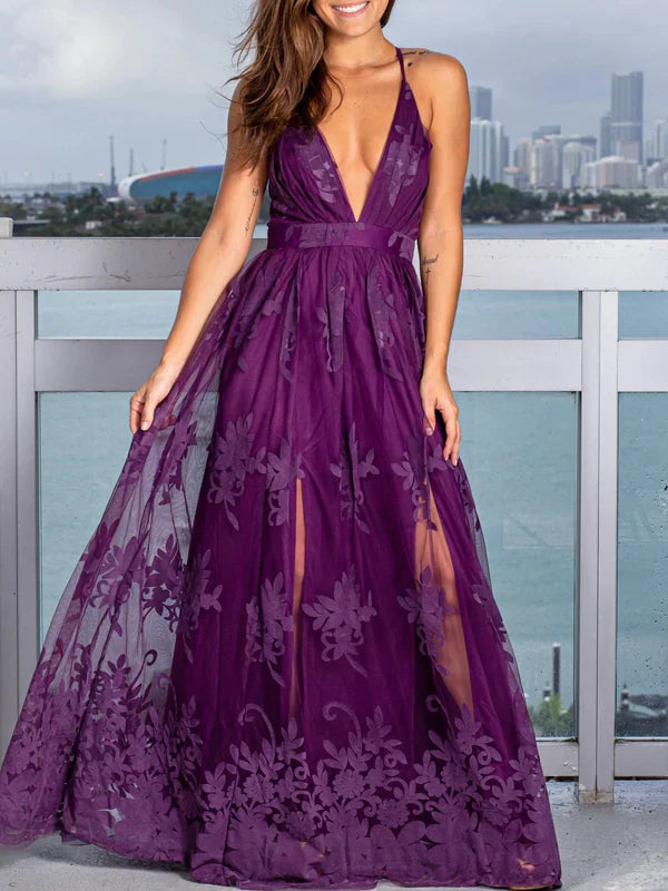 omberprom Spaghetti Straps Lace A-line Prom Dresses With Slit V-neck Sexy Evening Dress Formal Dress Wholesale